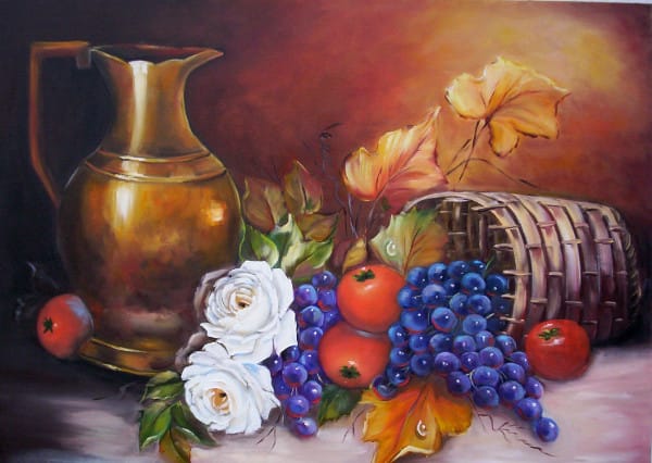 Frutas, vinho e flores em pintura de natureza morta