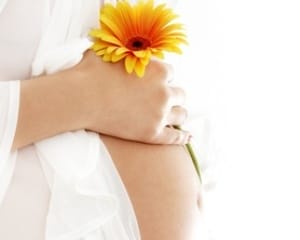 pregnant woman holding her belly and yellow flower